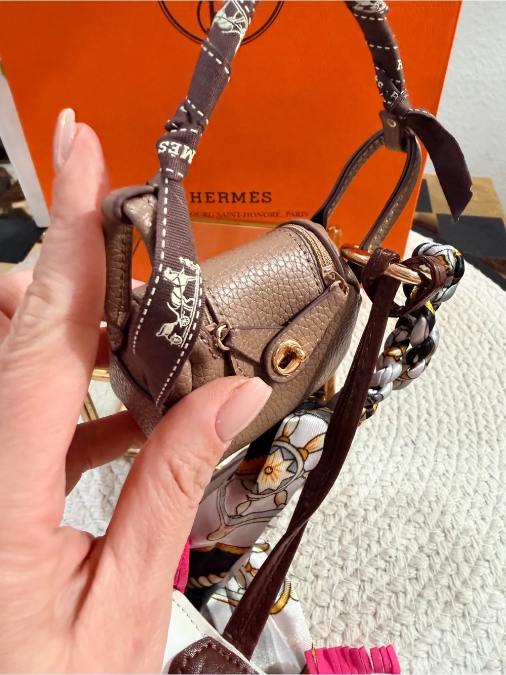 Fashion Lux Keychain Mini Bag Charm Keychain - Hermes Ribbon Wrapped Handle New